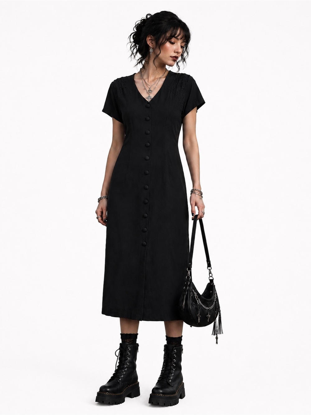 Vintage Dark Academia Black Button Front Dress Whimsigoth 90s